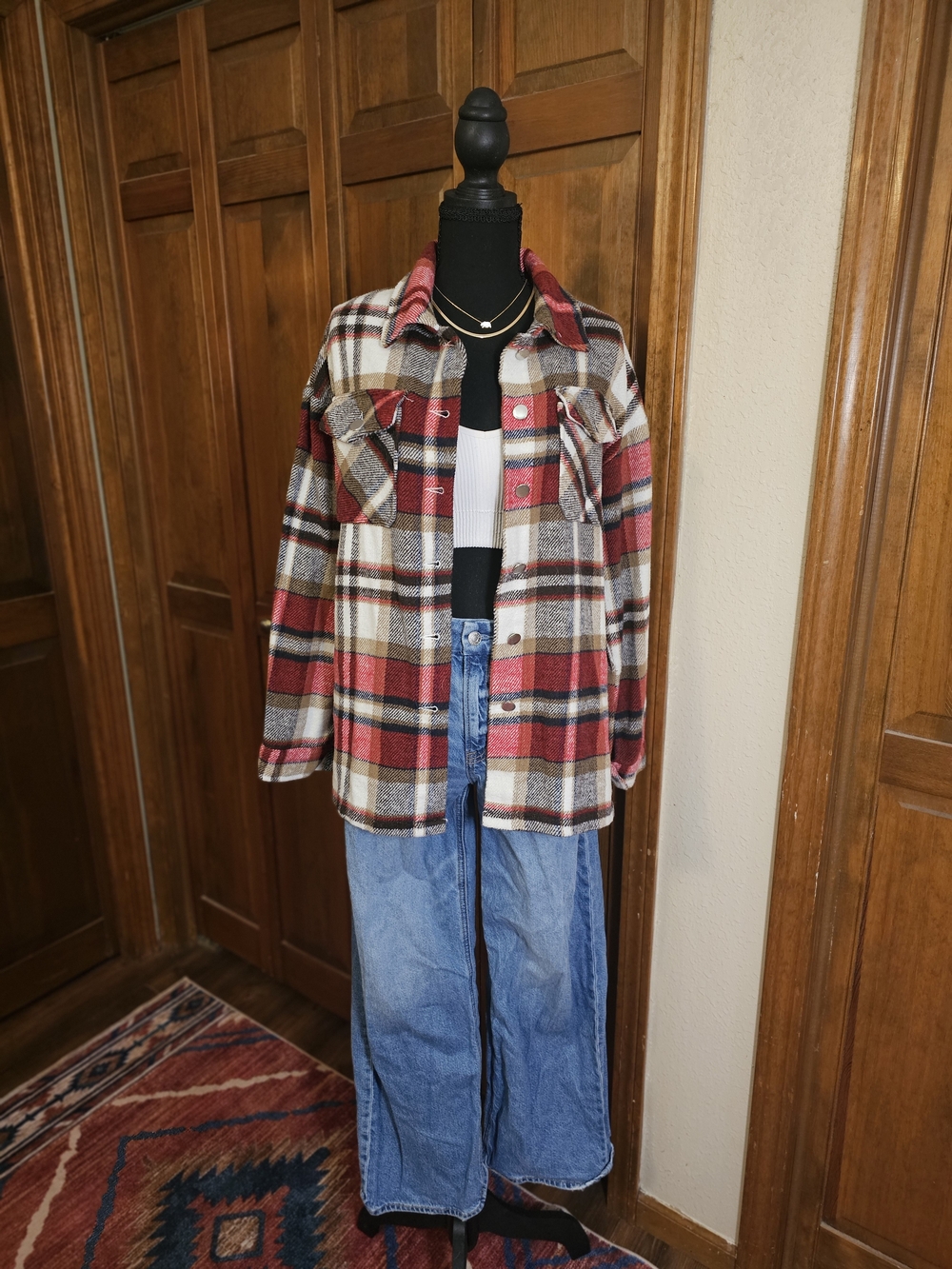 Red Cream Plaid Button-Up Shacket